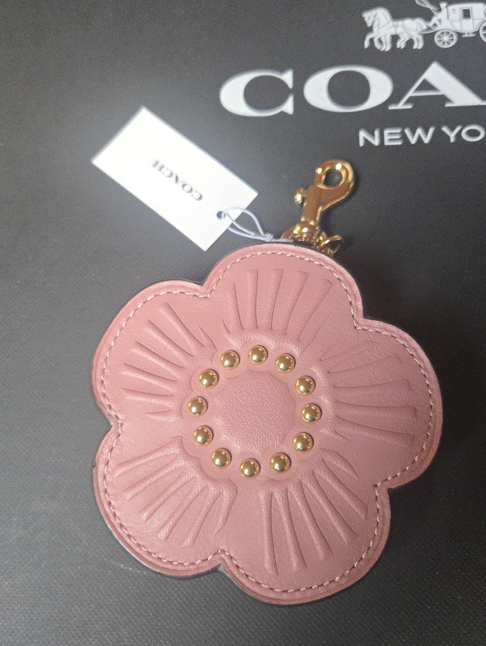Coach Tea Rose Leather Bag Charm In Peony Gold Hardware NEW